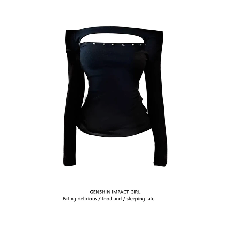 大码胖MM甜辣妹黑色镂空斜肩铆钉长袖t恤女秋季修身显瘦收腰上衣