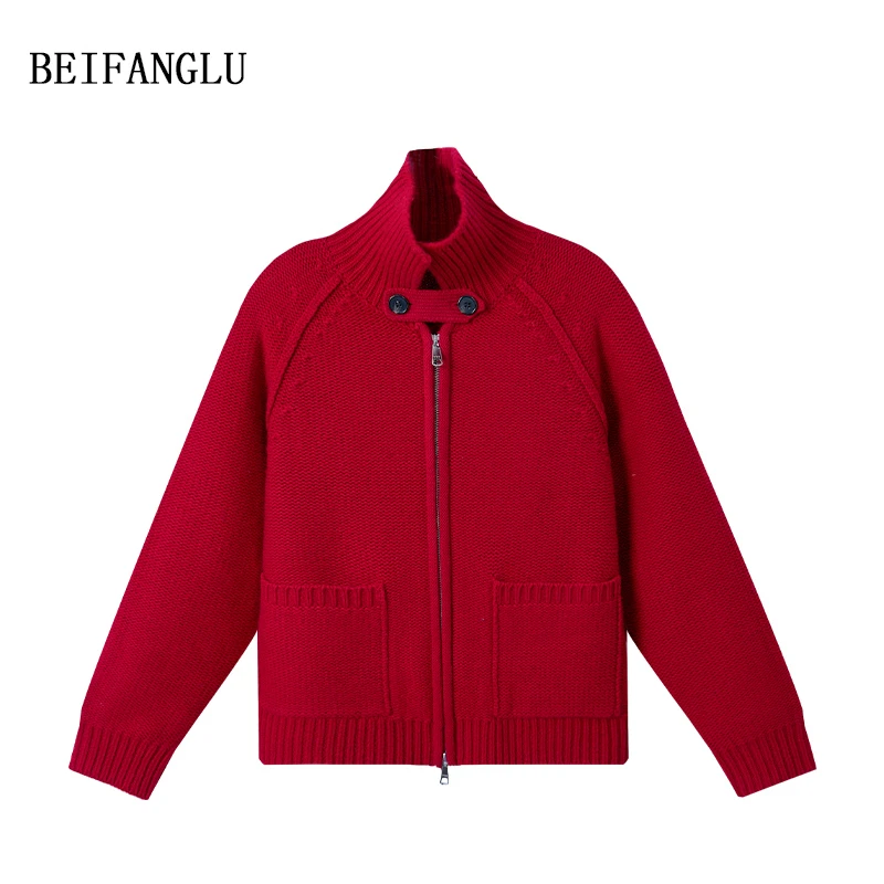 北方鹿100%绵羊毛新年红毛衣拉链针织开衫外套251402