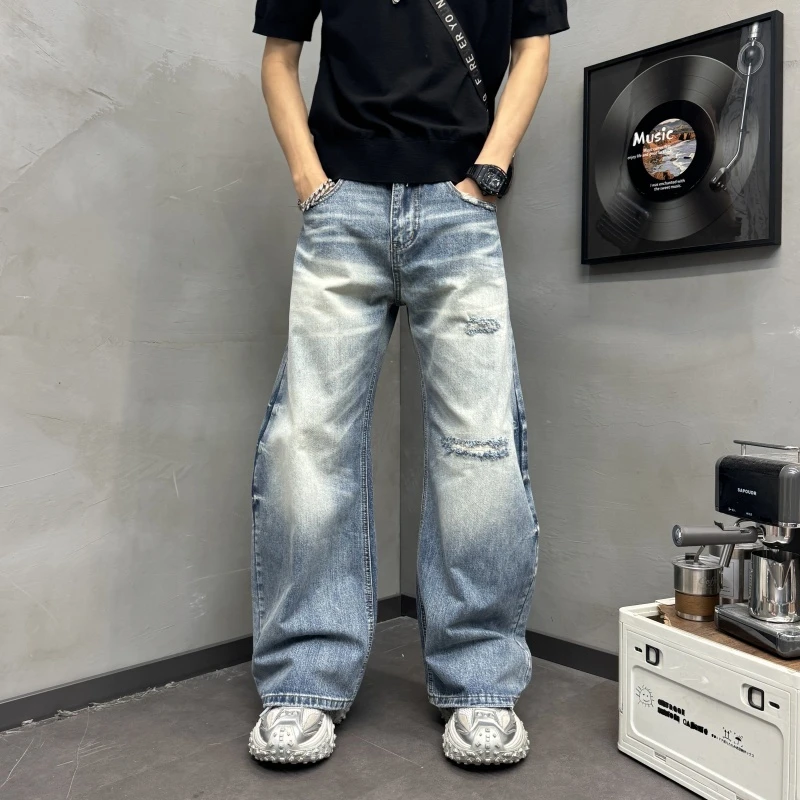 直筒男款弯刀宽松阔腿牛仔长裤秋冬新款裤男士网红男裤美式裤子