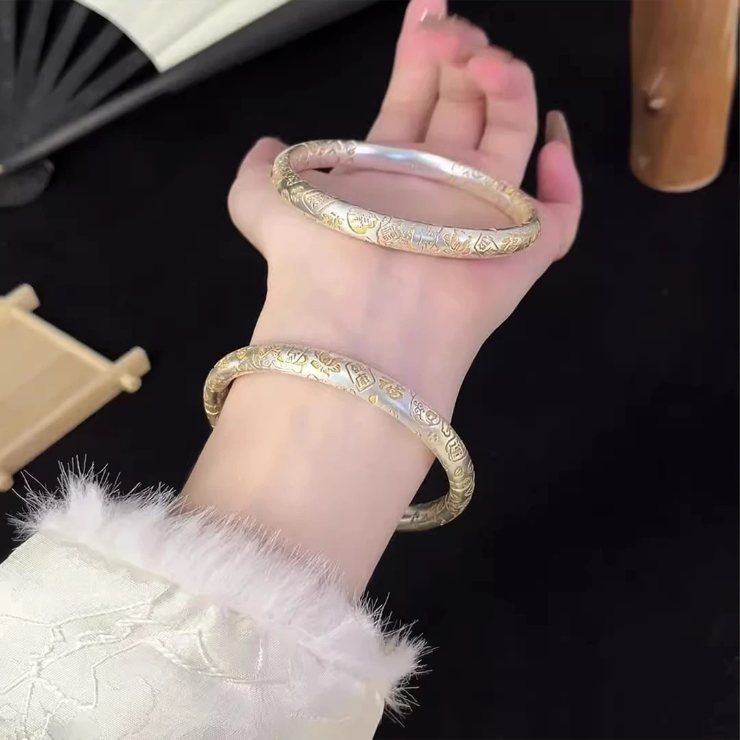 足银手镯 999纯银手镯女款古法吉言描金磨砂闭口银手镯情人节礼物