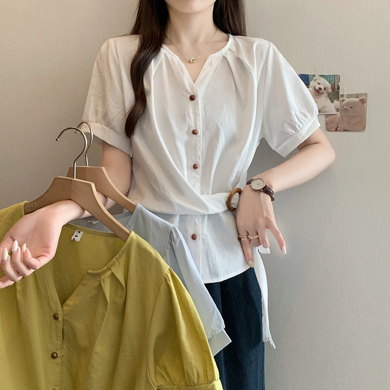 2025夏装新款胖mm大码女法式气质v领收腰短袖小衫上衣35811