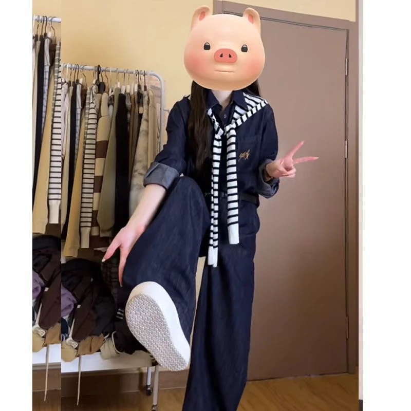 纯欲风套装女2025早秋新款韩系洋气长袖衬衫阔腿裤两件套秋季女装