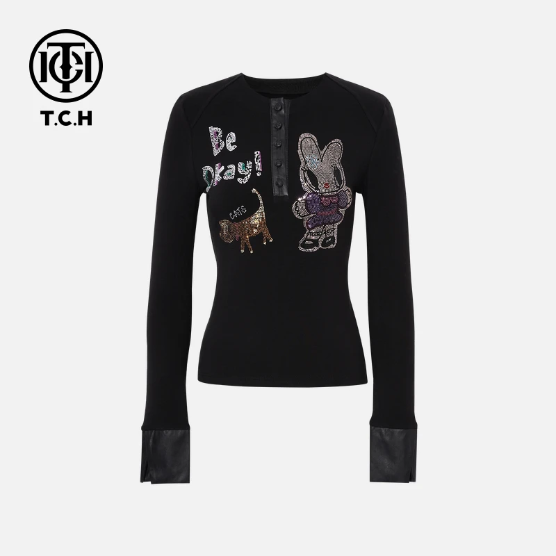 TCH私服冬款慵懒风烫钻时尚淑女黑色长袖T恤T75D08E1002轻奢tch