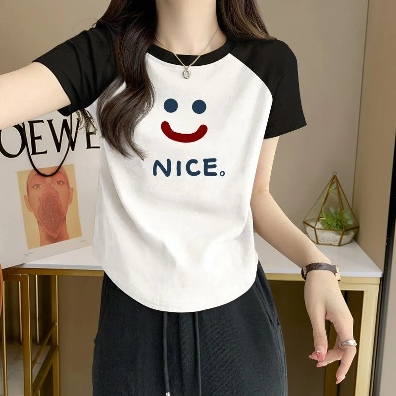 夏季新款撞色插肩袖短袖T恤女士韩版宽松圆弧下摆显瘦上衣印花