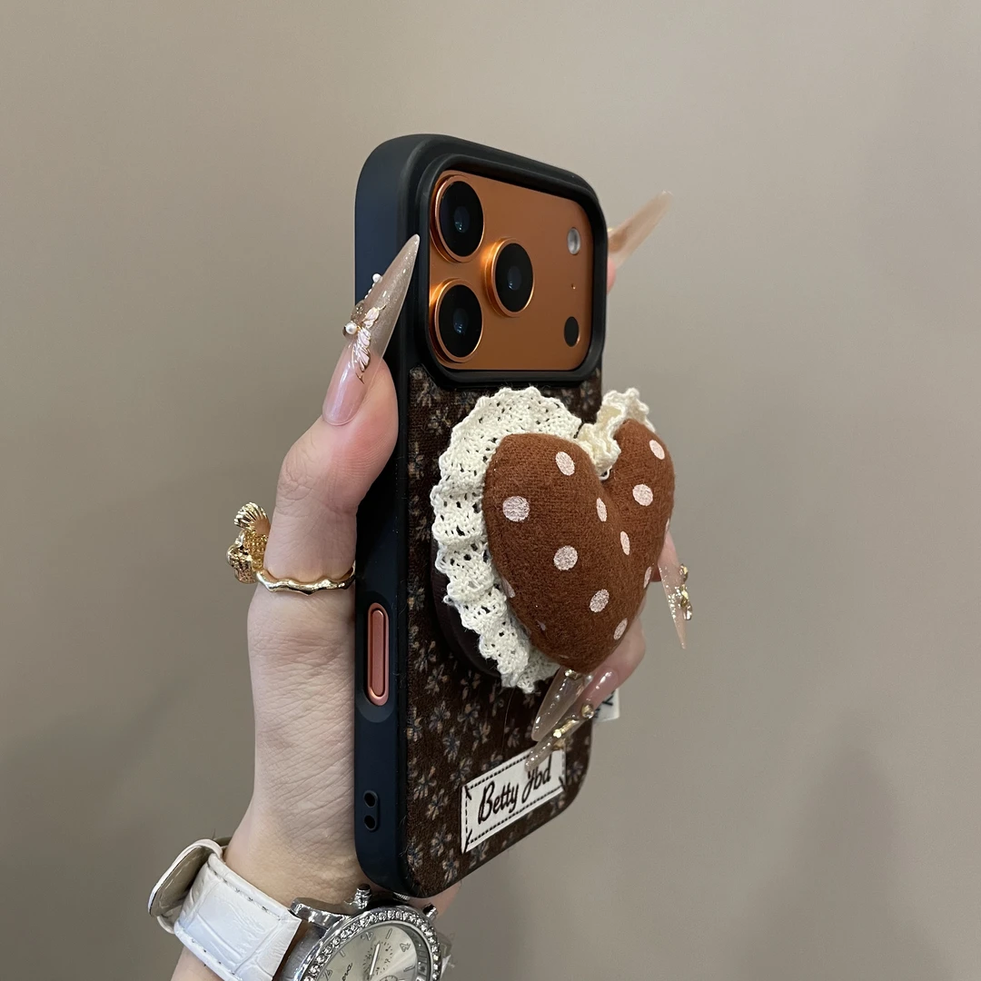 简约蕾丝波点爱心磁吸支架适用iPhone17手机壳16pro复古15新14pm