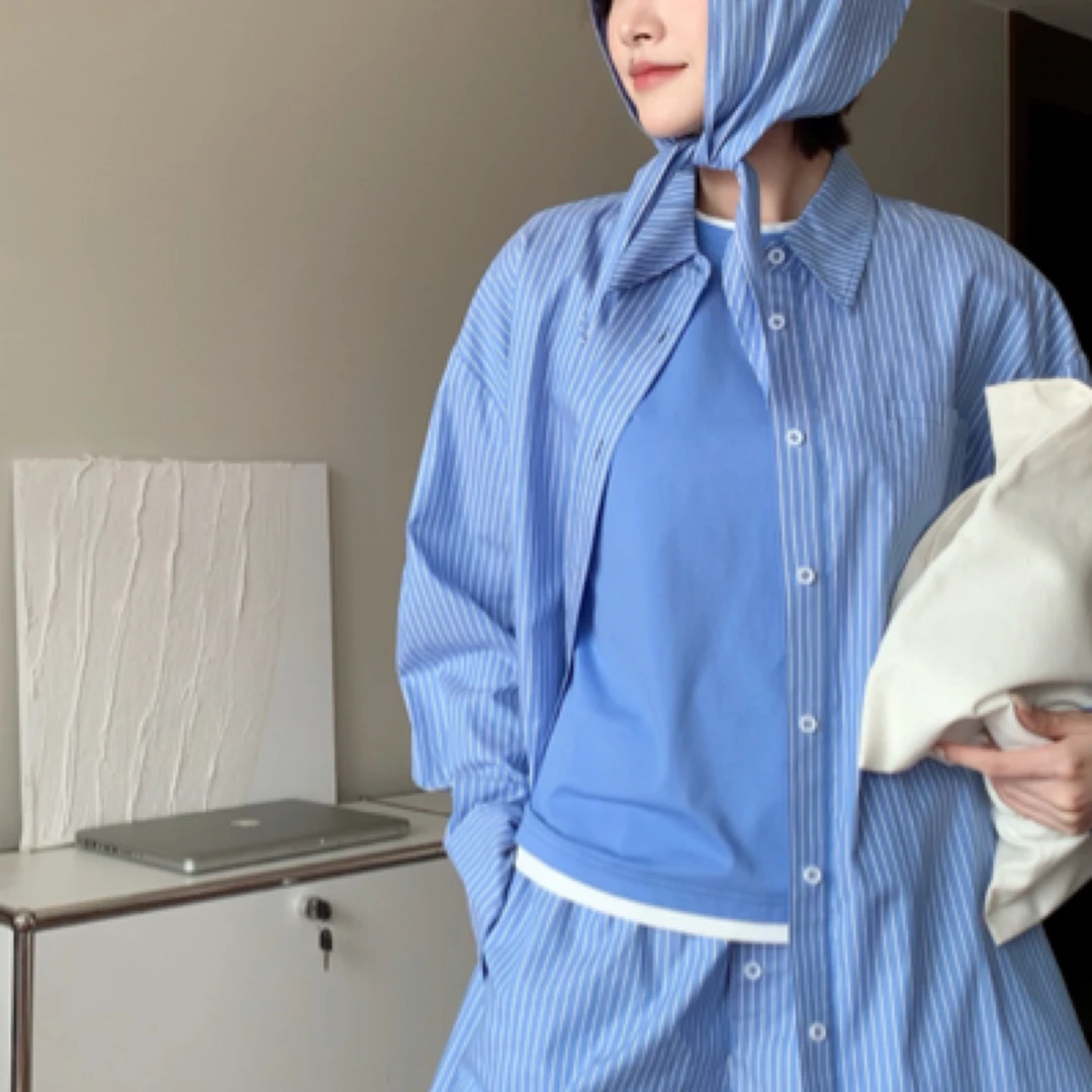 男孩蓝三件套纯棉条纹衬衫套装 送同款条纹头巾