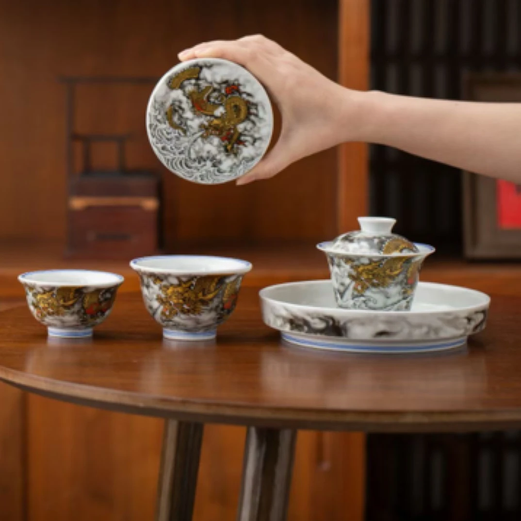 景德镇陶瓷釉上彩可悬停墨彩金龙降世盖碗高温瓷家用泡茶茶杯茶具