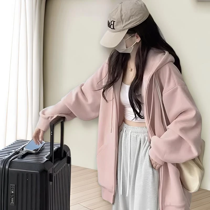 春秋卫衣外套女春秋薄款拉链早春新款初春韩系连帽慵懒风开衫女