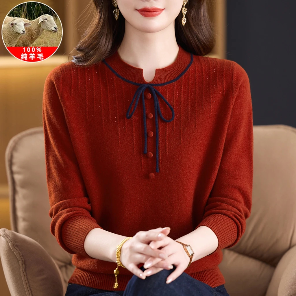 100纯羊毛衫女针织打底衫中老年人妈妈装秋冬新款大码圆领毛衣服