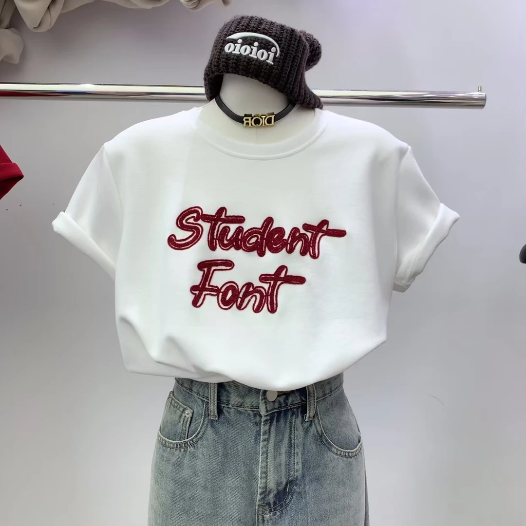 2025春款时尚韩版ins百搭正肩圆领休闲重工毛巾绣短袖T恤女