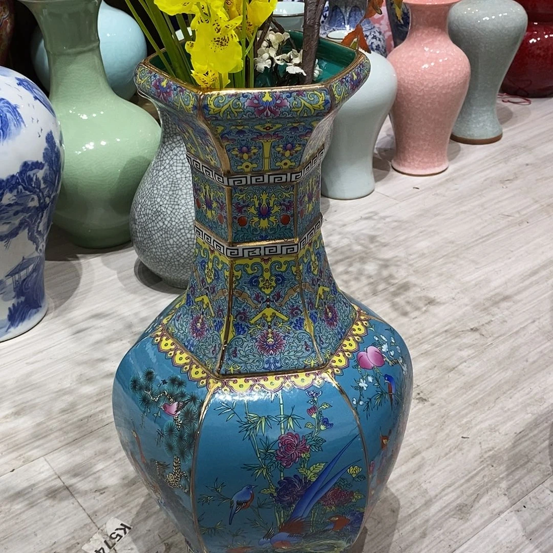 陶摆件52cm蓝色六方尊花鸟