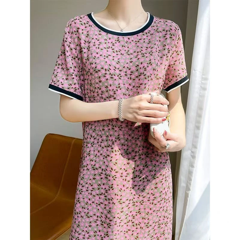 【刘营专属】夏季新款芙蓉锻碎花宽松大码时尚百搭连衣裙优雅显白