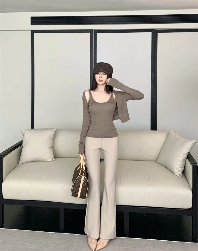 U领针织吊带上衣内搭背心修身开衫两件套裤子套装#8243气质显瘦