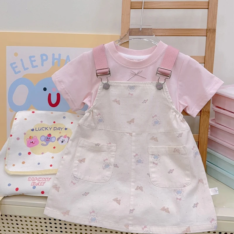 【彩虹家】2025夏款蝴蝶结T小熊背带裙套装-YNX-53