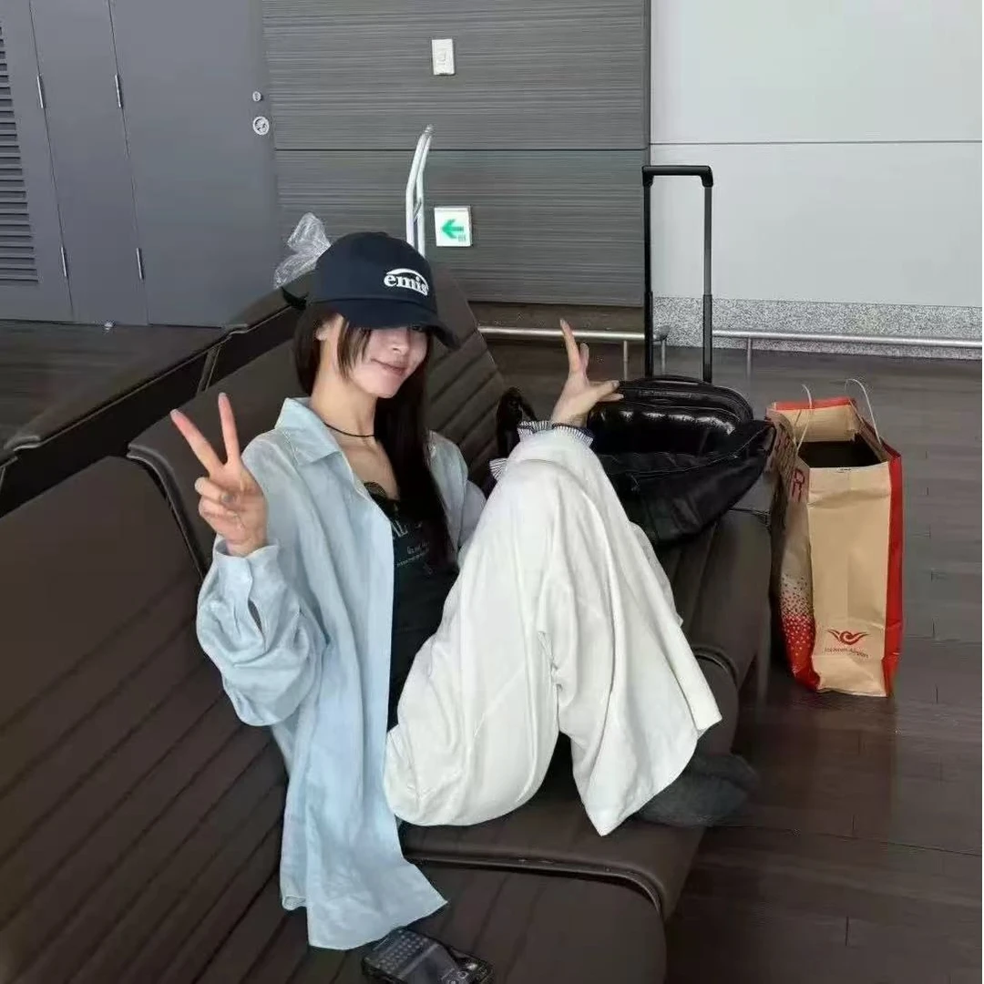 现awear女2025韩国东大门代购夏款百搭系扣翻领彩色亚麻长袖衬衫