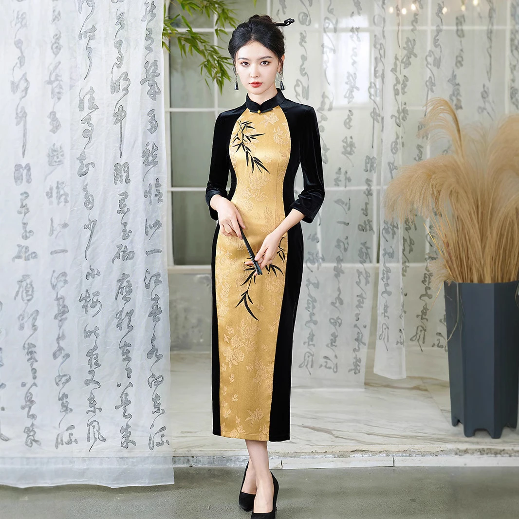 自在随行~金丝绒黑色显瘦旗袍新中式新款女2025改良长袖国风爆款