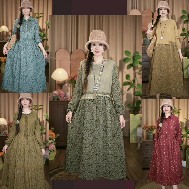 2025秋季新款女装连衣裙中长款文艺复古民族风刺绣长袖棉麻裙子