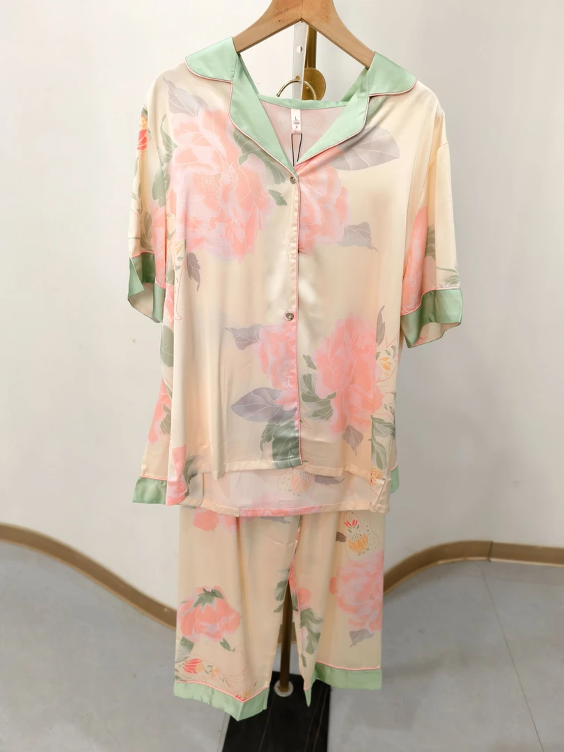 W1441短袖短裤长裤三件套女睡衣家居服套装