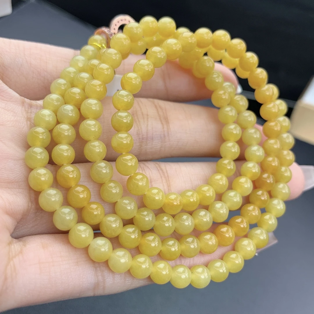 缅甸A货翡翠鸡油黄翡亮黄色项链珠链圆珠多圈长串dghT卡5mm620mm
