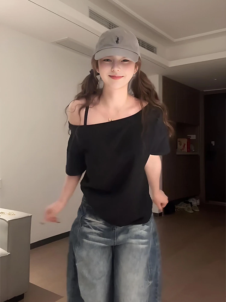 【运补4】极简风短袖夏季美式一字肩T恤方领夏季设计感不规则