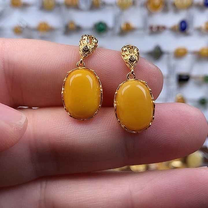 蜜蜡银S925镀金镶嵌耳饰