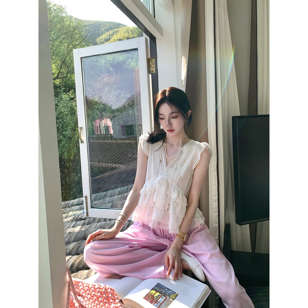 区区欧阳 V领系带雪纺无袖衬衫女夏季小众设计感法式荷叶边上衣