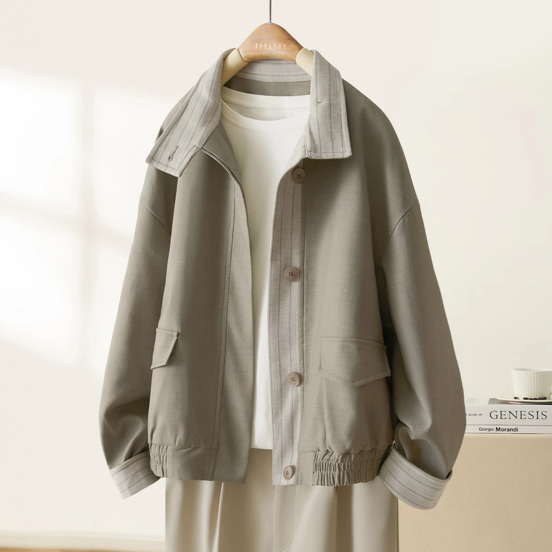 IHIMI/海谧条纹立领率性短款风衣夹克2025秋款时髦结构感外套