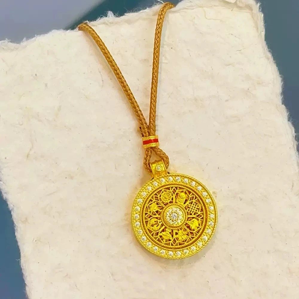 铜合金项链 新中式旋转镶钻八宝罗盘吊坠古法镂空项链女