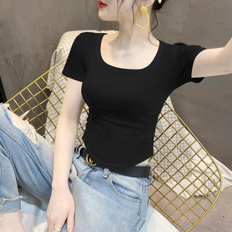 螺纹短袖T恤女2025夏季新款紧身设计感不规则体恤黑色显瘦上衣潮