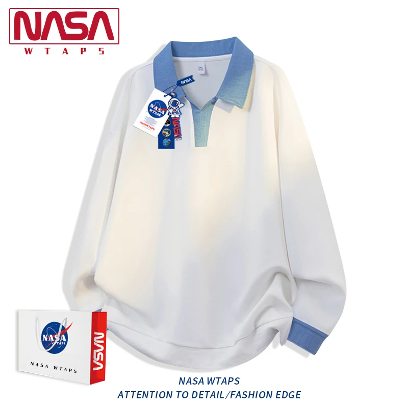 NASA WTAPS美式假两件POLO衫卫衣男款春秋季V领学院风无帽上衣服