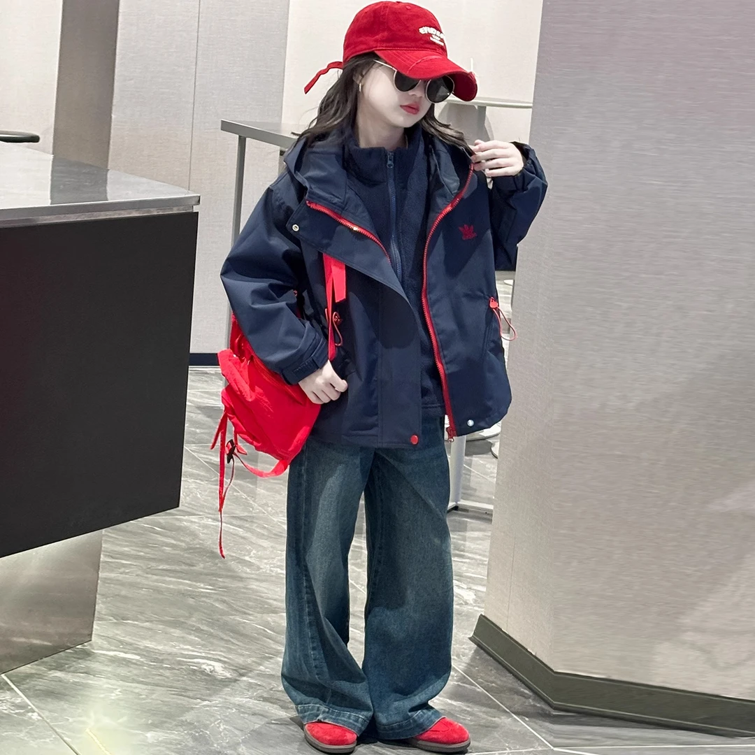 女童冲锋衣三合一2025秋冬新款洋气女孩加绒内胆连帽防风上衣外套