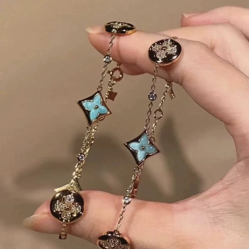 铜合金手链 品质款V金版菱形花朵手链厚镀高级设计感四叶草手链女