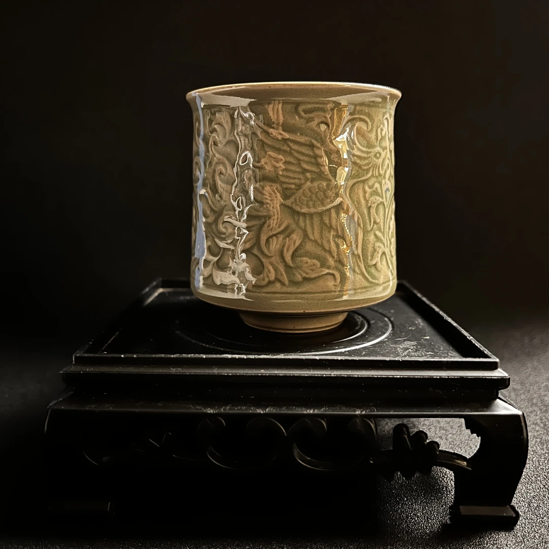 耀州窑瓷杯 凤穿 牡丹纹饰闻香杯 耀州瓷