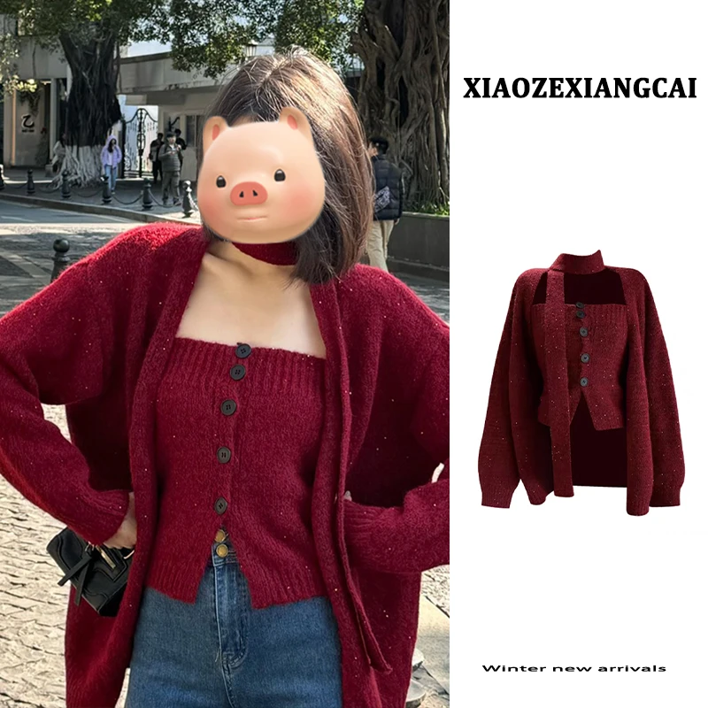 深冬ootd穿搭一整套秋冬季女装新年战袍红色毛衣开衫外套两件套装