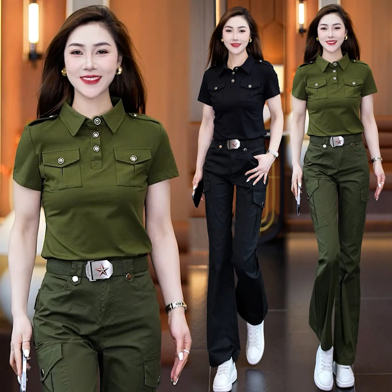 军绿迷彩服套装女夏季新款潮流水兵舞服工装微喇裤休闲运动两件套