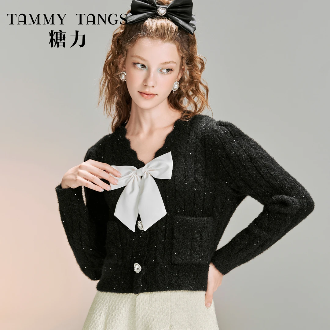 【芋总专属】糖力秋冬季长袖甜美减龄撞色蝴蝶结亮片针织衫毛衣