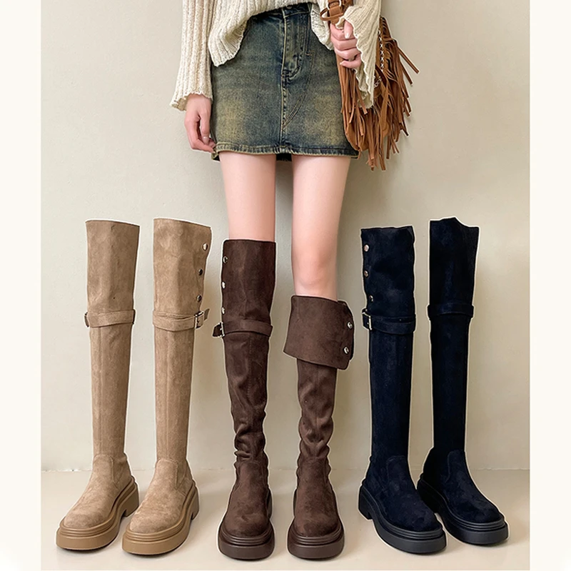 时尚复古两穿翻折厚底长筒靴子女2025年秋冬季新款粗跟过膝骑士靴