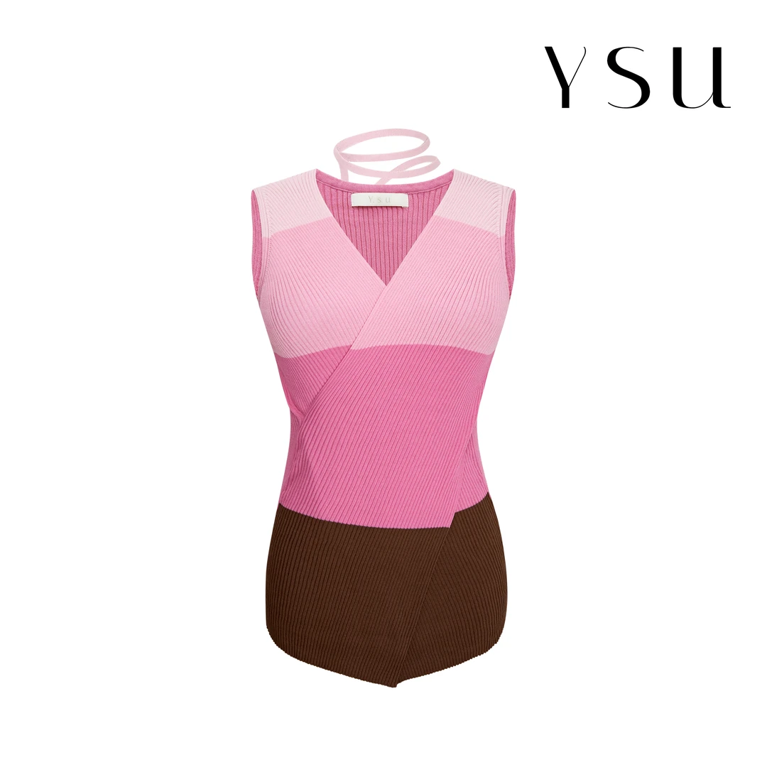 【余书】高级感新潮V领不规则拼色设计修身针织背心上衣Y370217