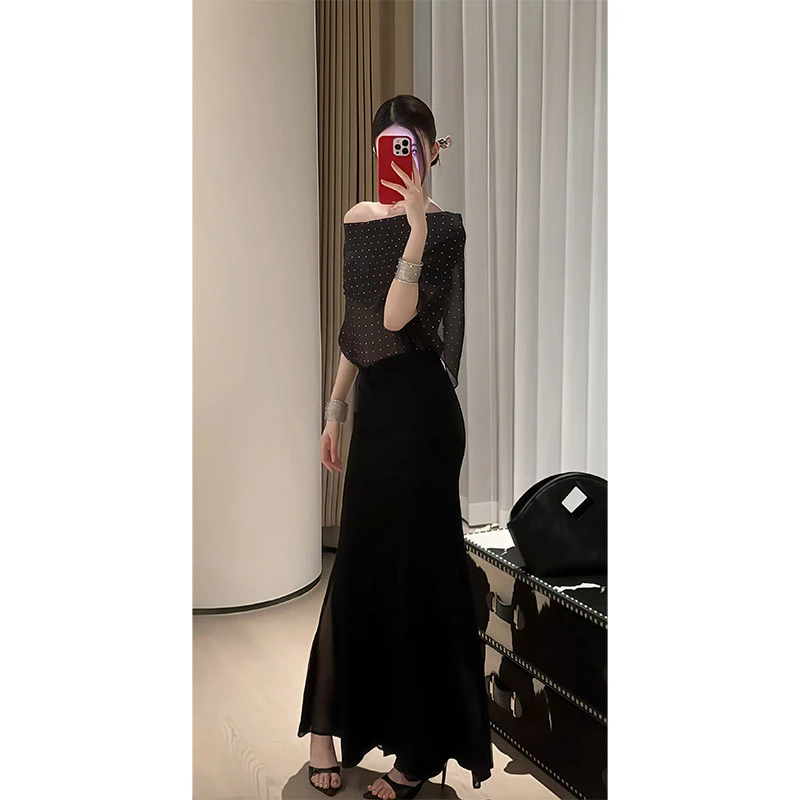 韩系御姐洋气休闲百搭新款波点一字肩上衣高腰包臀鱼尾半身裙长裙