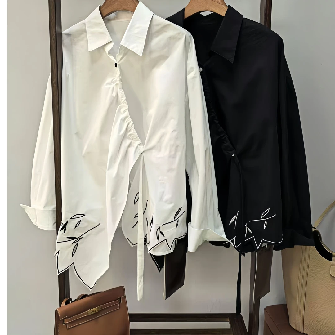 12693#春秋落肩袖外套小众黑色慵懒风长袖衬衫中长款百搭宽松