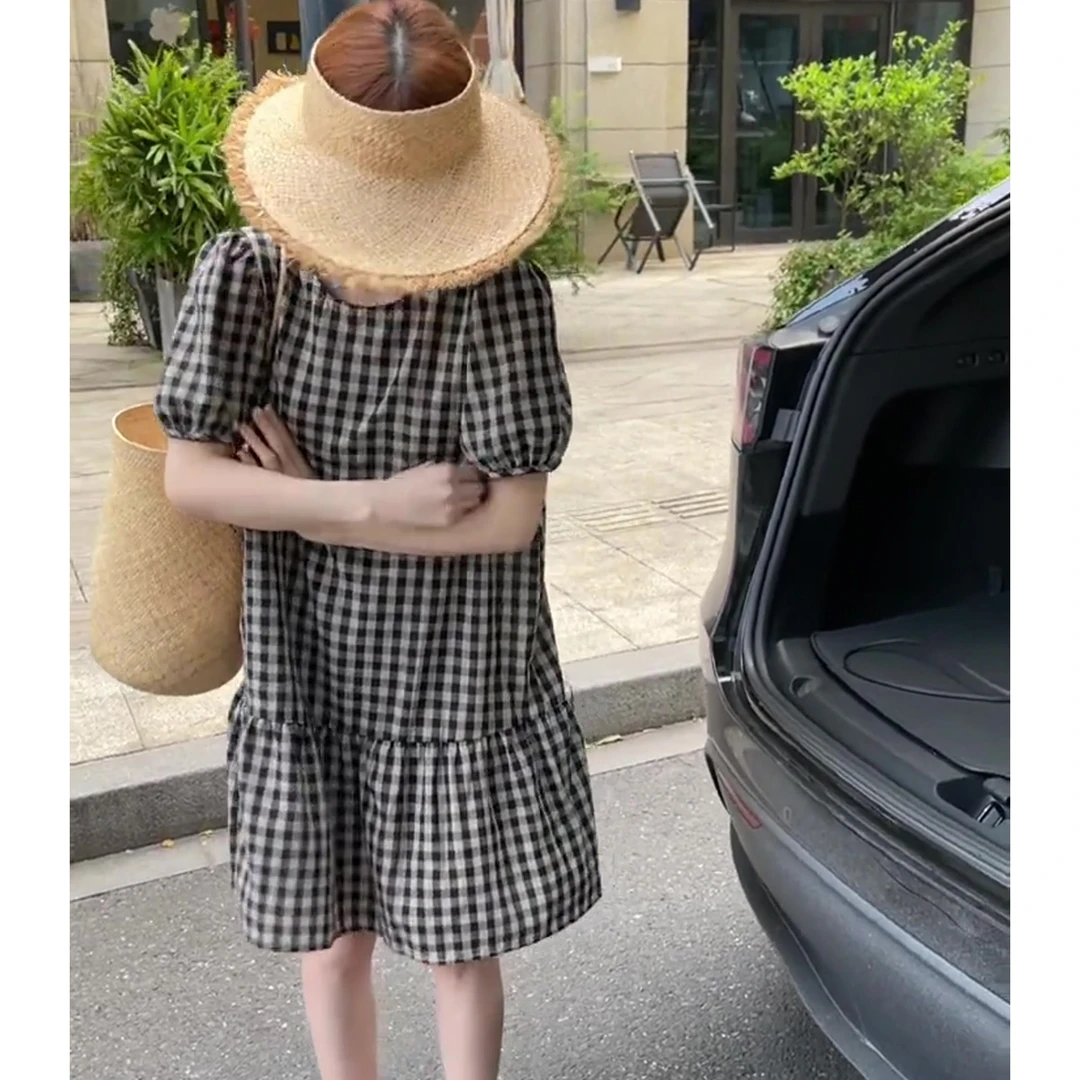 法式黑白格子短袖连衣裙女夏季2025新款小个子宽松遮肉显瘦短裙子