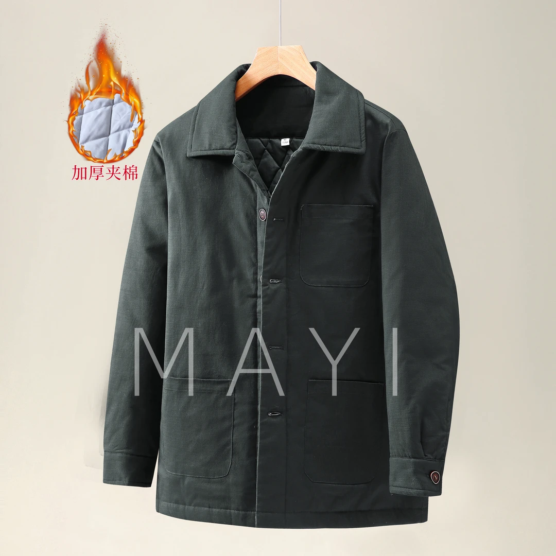 秋冬季棉麻料暖若羽绒棉服休闲老钱风加棉加厚保暖棉衣袄子外套男