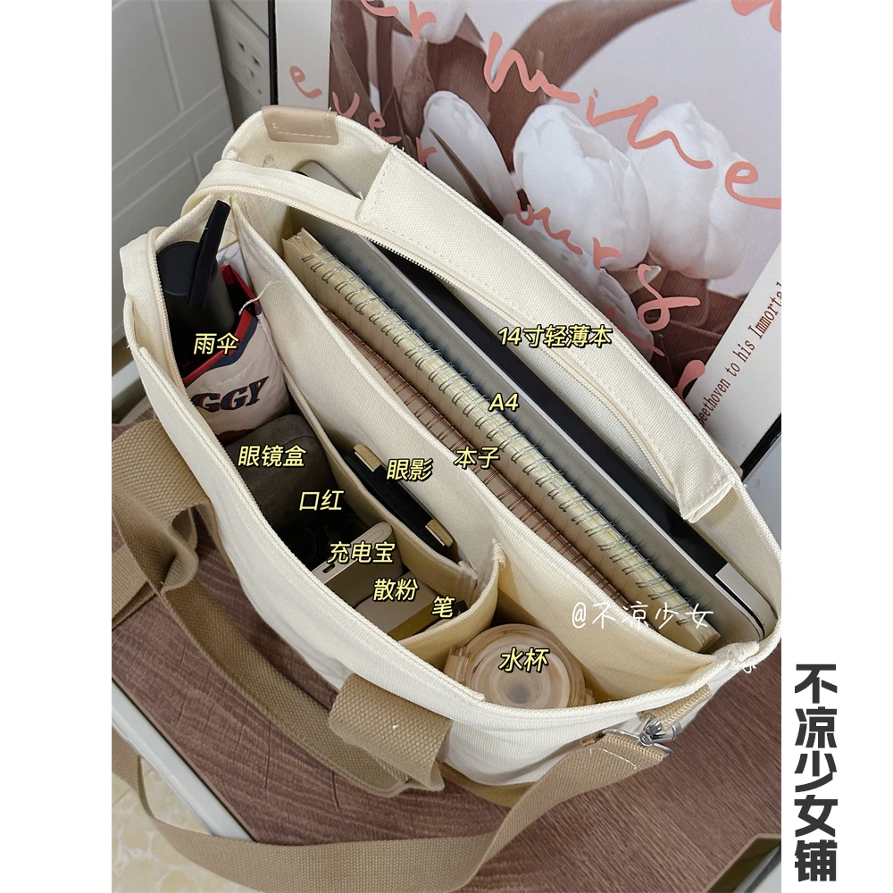 大容量通勤斜挎包日系ins撞色小众休闲百搭托特包学生上课帆布包