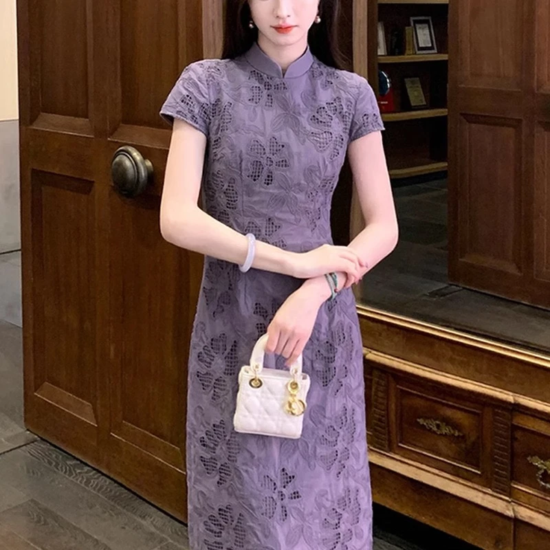 复古风蕾丝重工新中式旗袍裙子修身夏季气质性感日常中国风显瘦