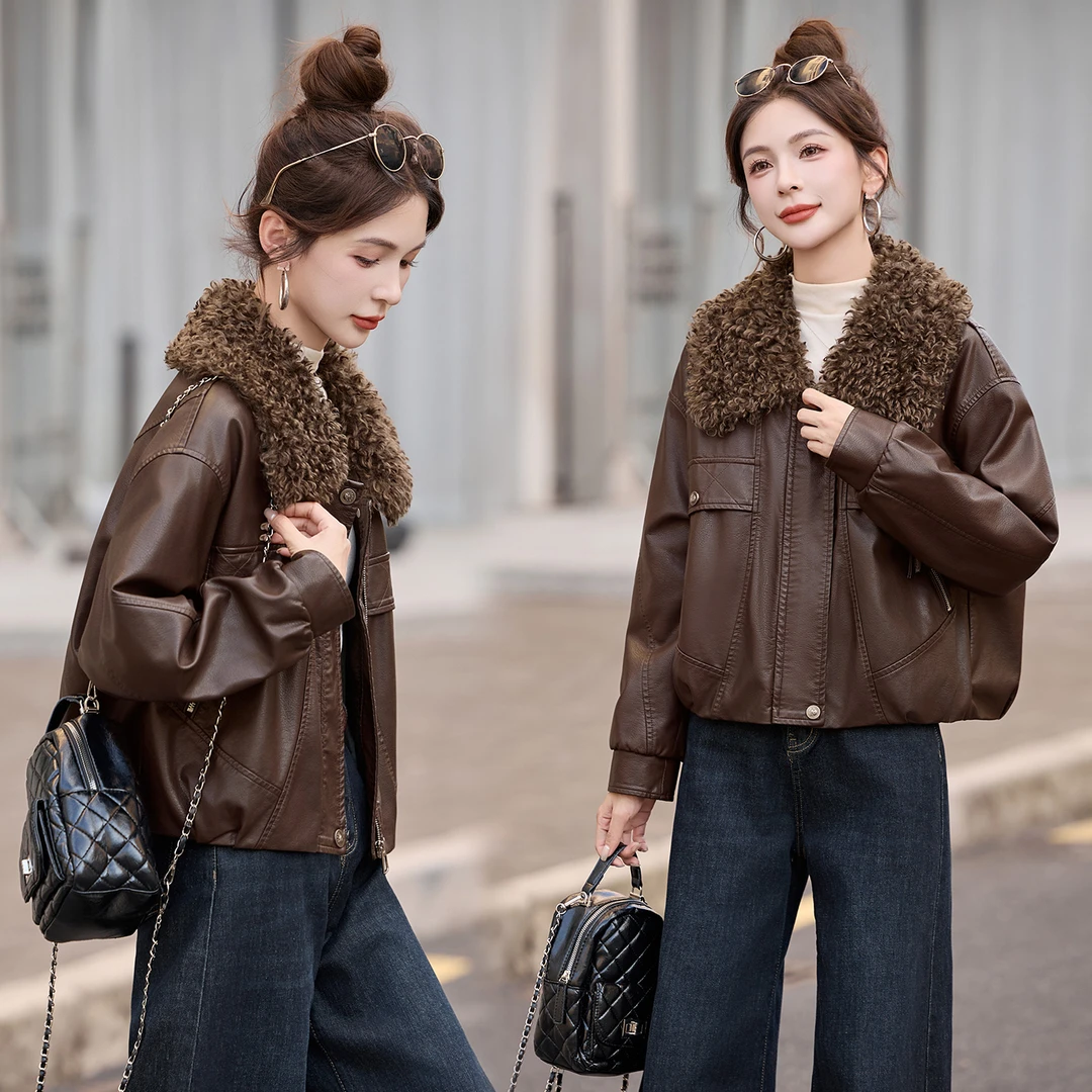 短款厚款翻领常规口袋皮衣外套2025秋冬新款加厚休闲洋气时尚气质