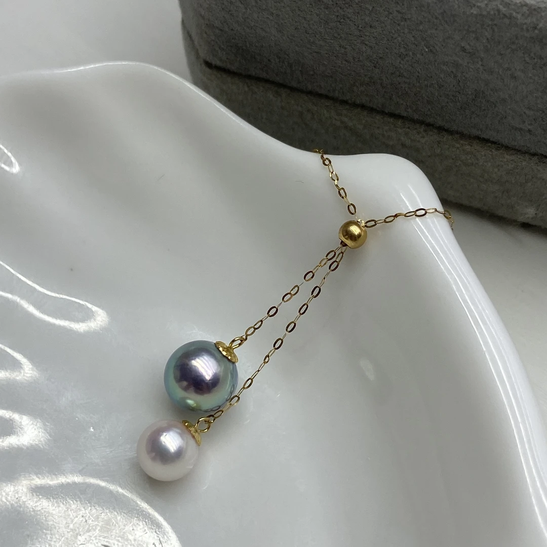 琪心海水akoya双珠异色珍珠G18K金套链6-8