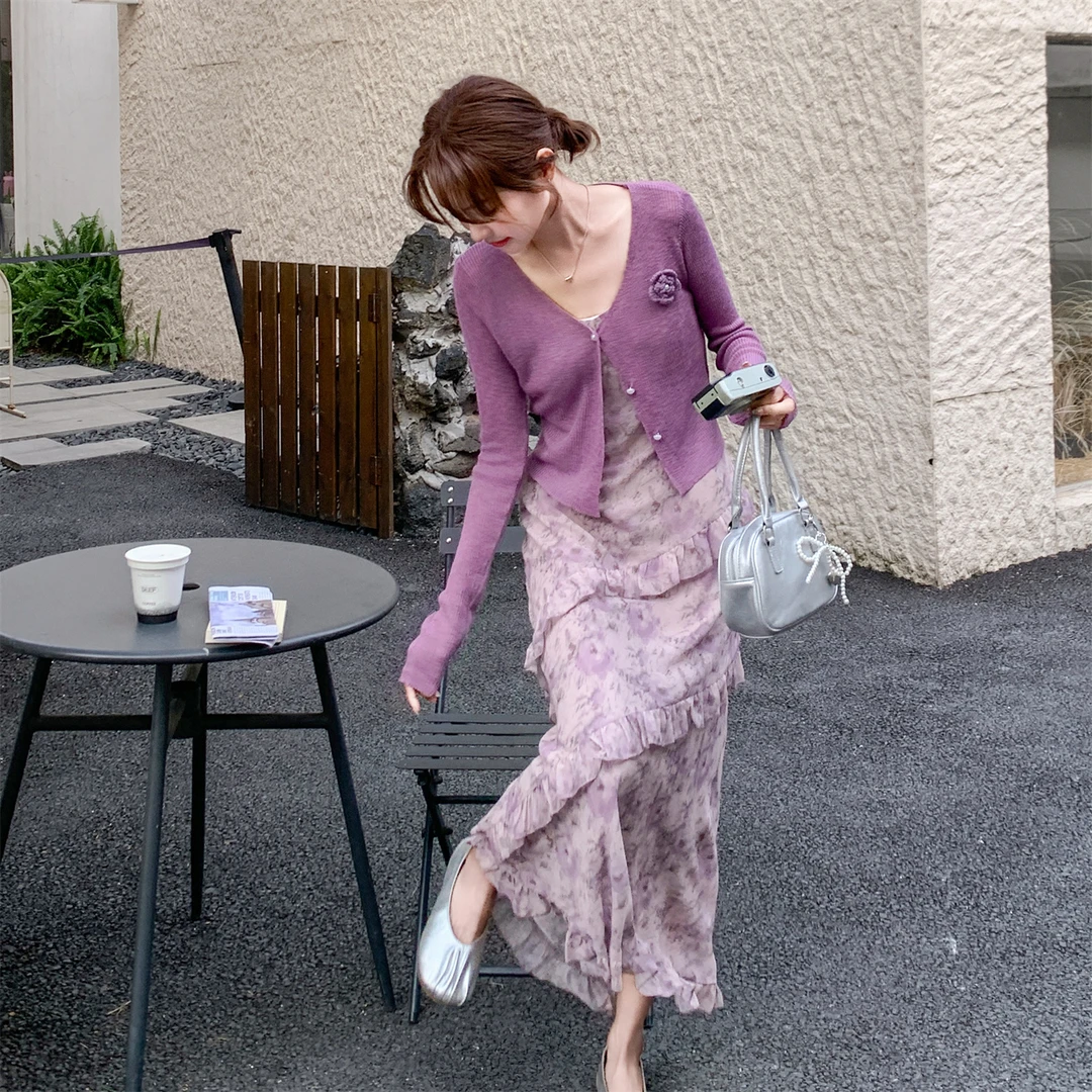 时尚针织刺绣开衫碎花吊带连衣裙两件套女25春夏新款显瘦气质套装