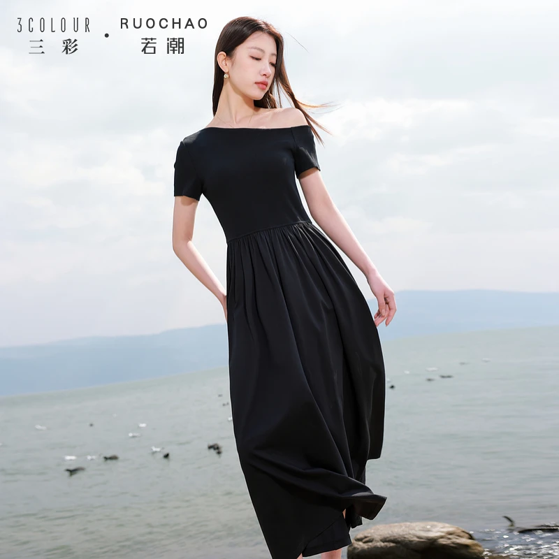 【商城专享】三彩大码女装夏季新款法式赫本风连衣裙斜领修身