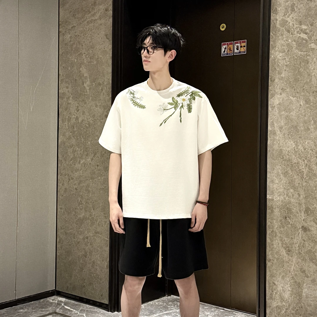 HN潮牌-夏季植物花卉刺绣圆领重磅纯棉T恤夏季男女休闲百搭半袖