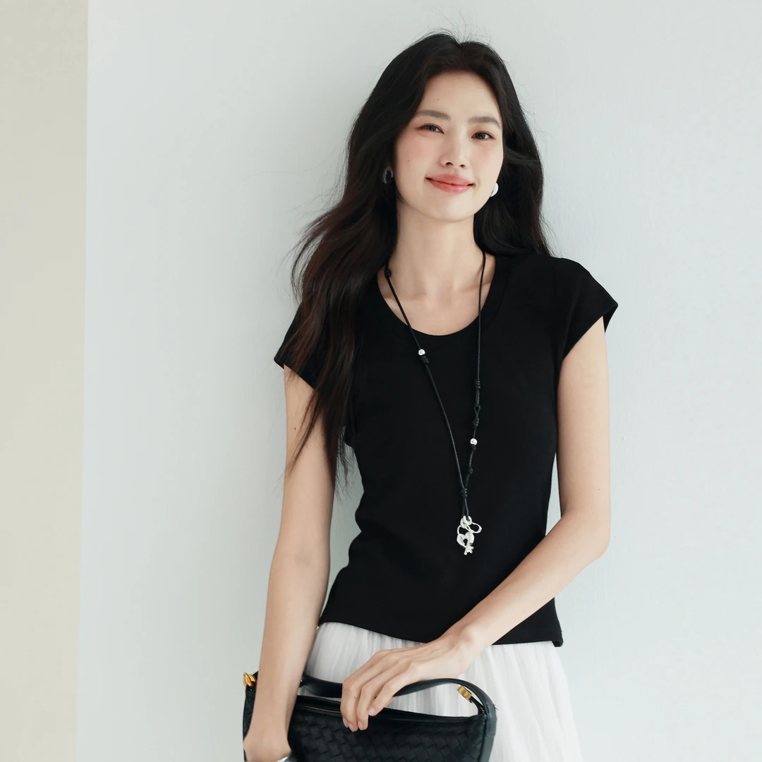 伊芙丽夏季上衣女装高弹舒适百搭女士罗纹大圆领短袖T恤1G4901531